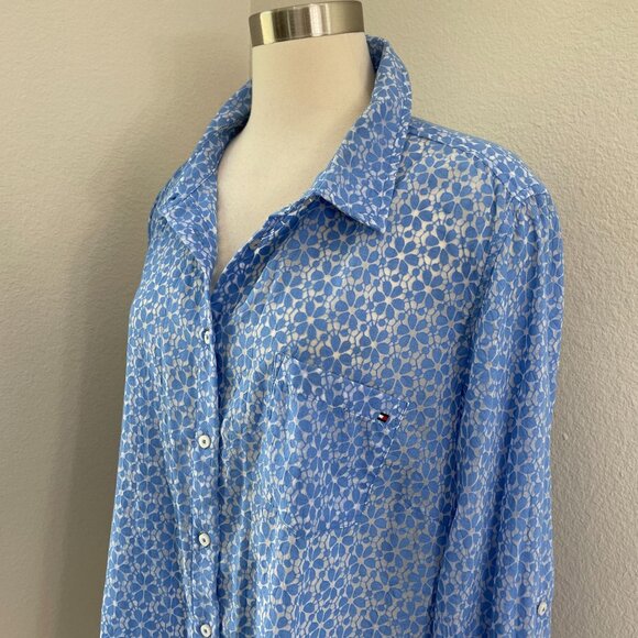 Tommy Hilfiger Womens Plus IX Blue Button Up Sheer Shirt Long Sleeve Blouse Top - Picture 2 of 12